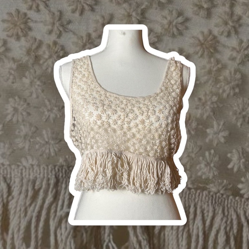 Forever 21 Crop Top Women's Sheer Boho Y2K Floral Fringe Beige Western Coachella